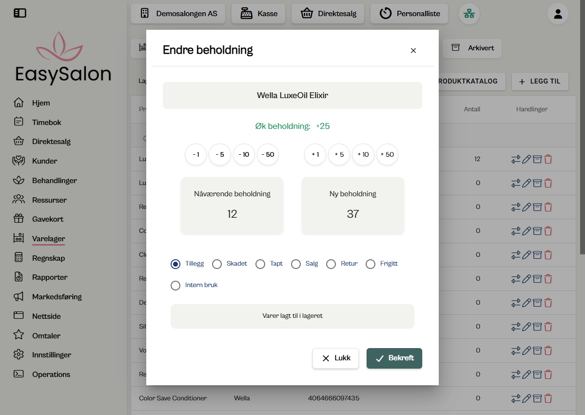 Juster lagerbeholdning i EasySalon