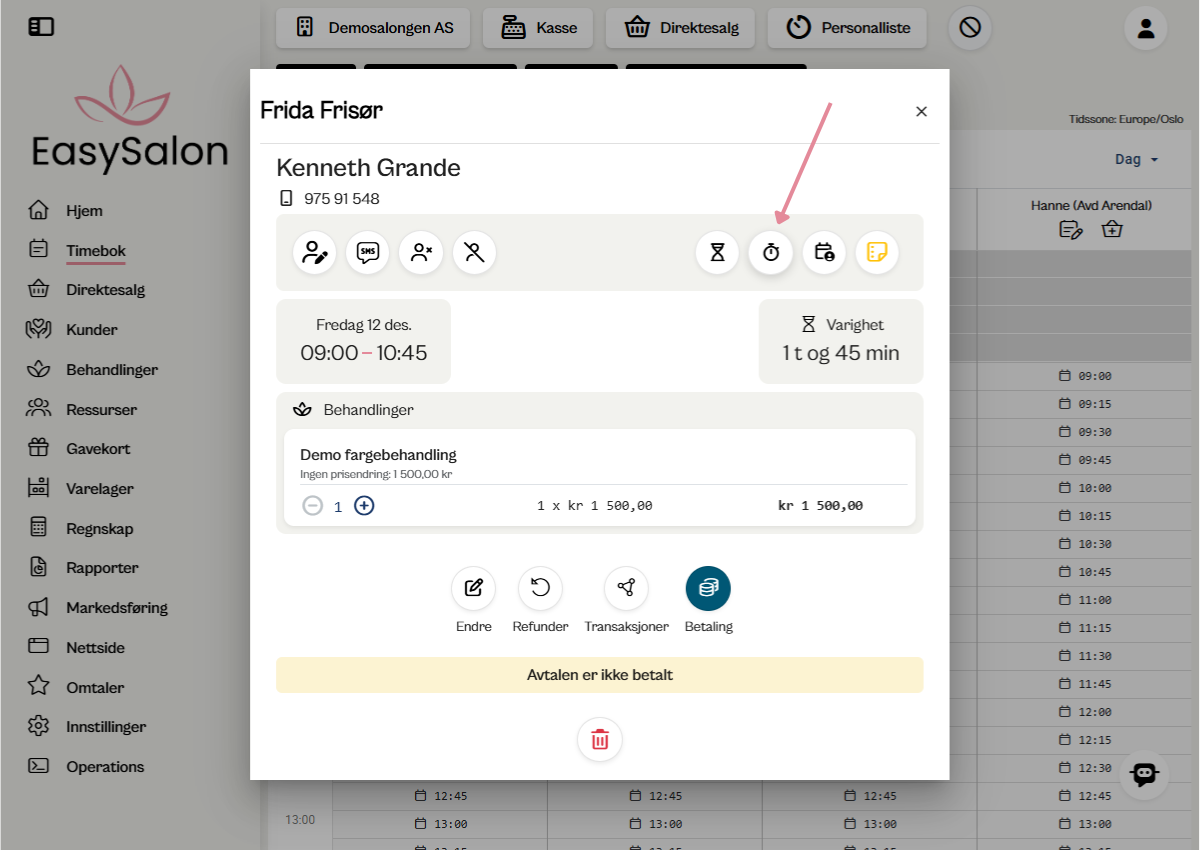 Virketid vist i EasySalon timebok med fargekoding